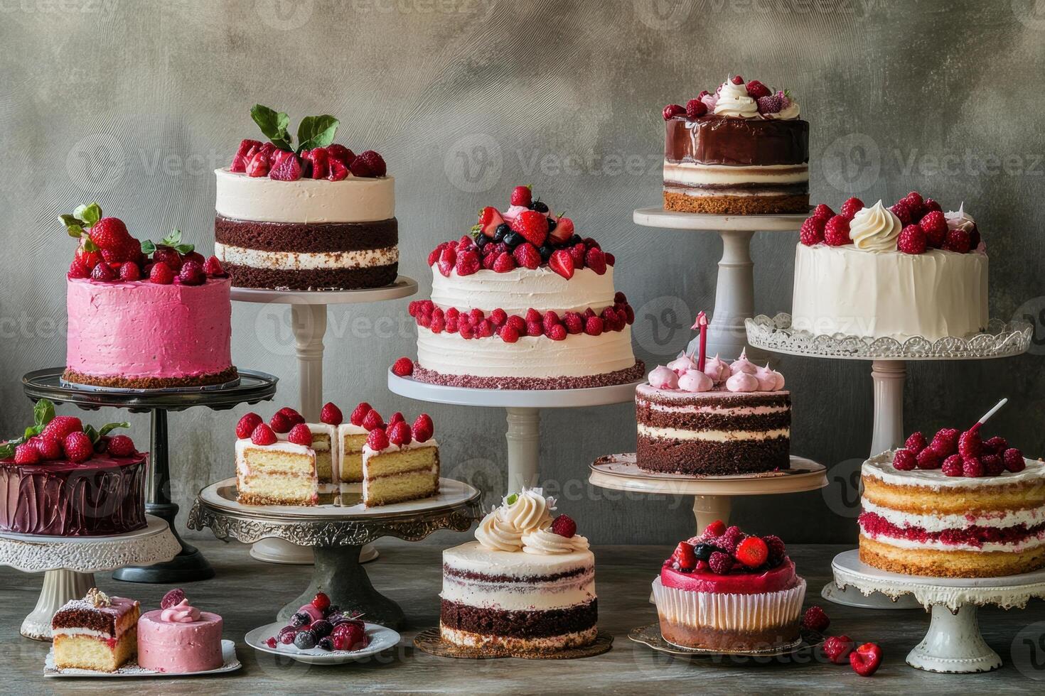 Assorted Berry Topped Cakes On Display Stands photo