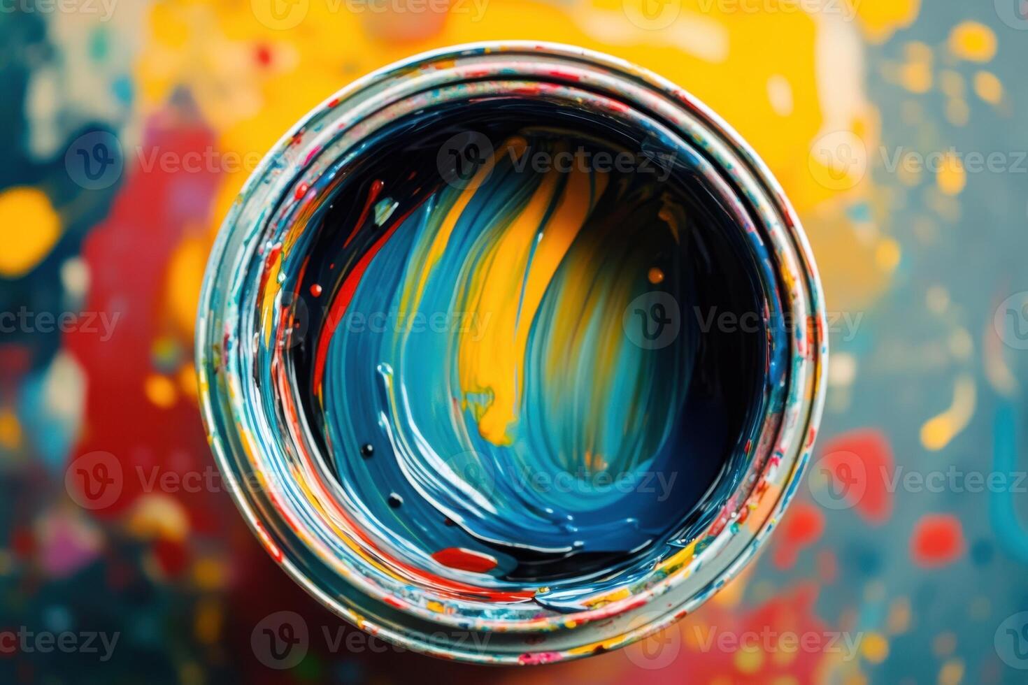 Colorful Paint Swirls Inside a Metal Can photo