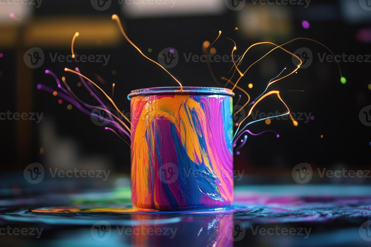 Vibrant paint splashes explode from colorful can photo