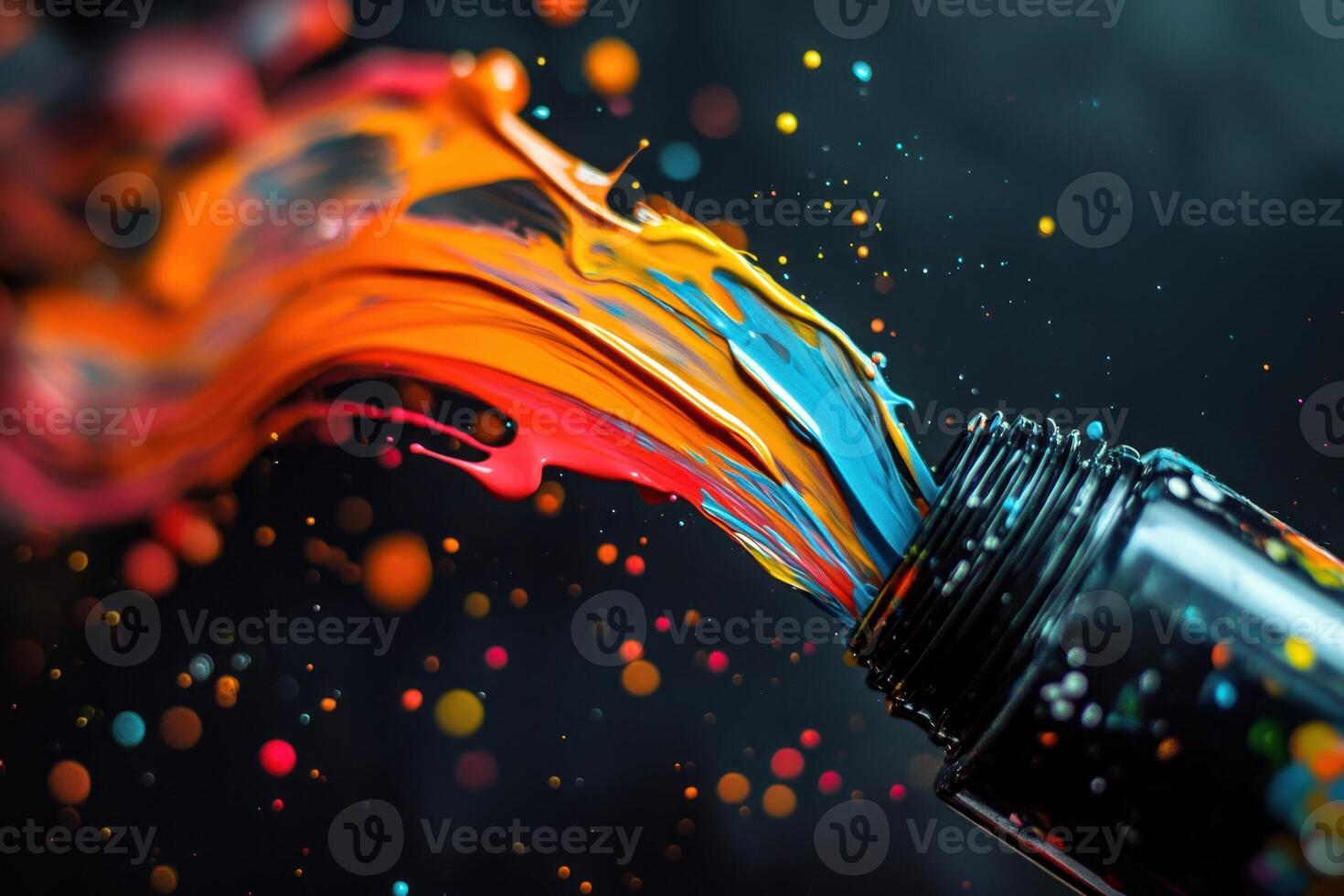 Vibrant paint explodes from a bottle in motion photo