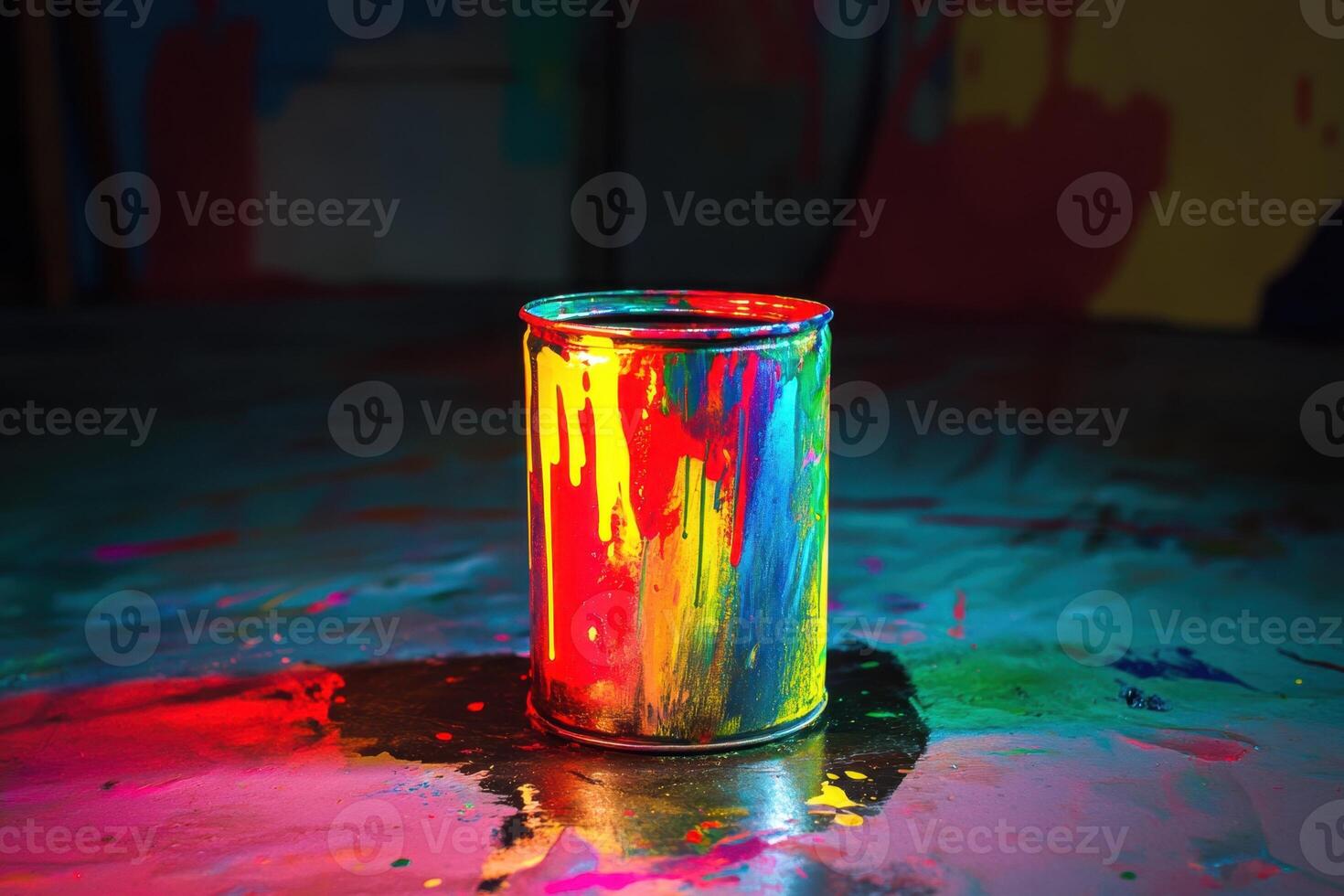 Colorful Paint Can Sits Amidst Vibrant Splashes photo