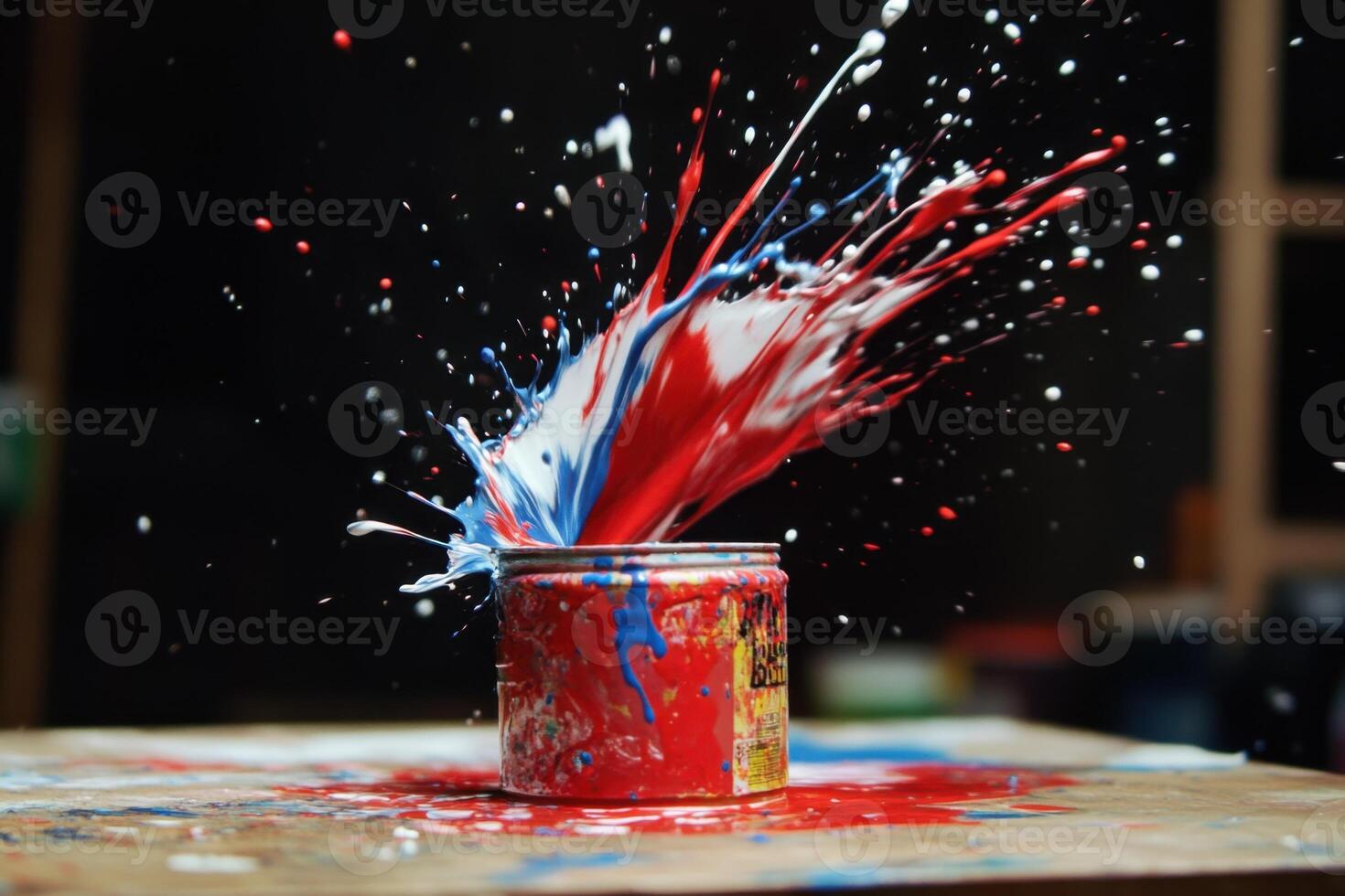 Red white and blue paint explodes from a can photo