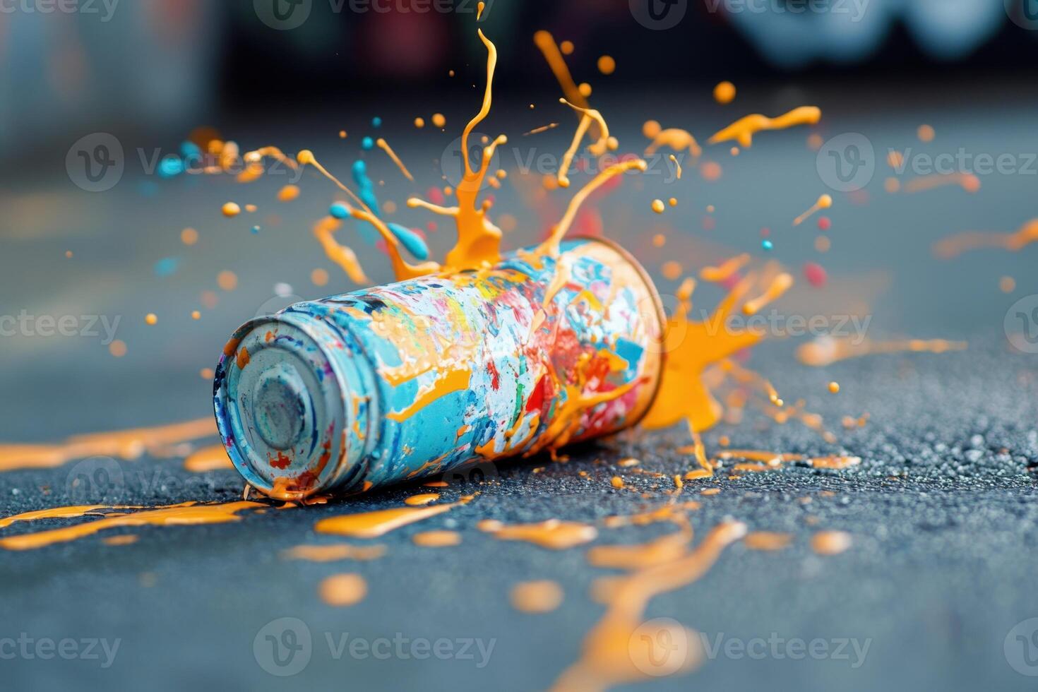Exploded paint can shows vibrant colors splashed across the ground photo