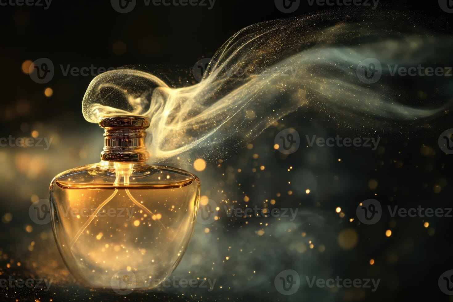 Golden Perfume Bottle With Magical Scent Trails photo