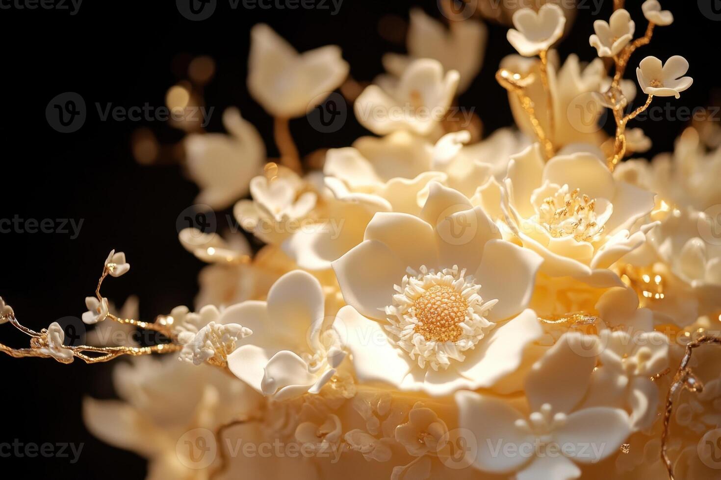 Elegant White Flower Cake Decorated With Gold photo