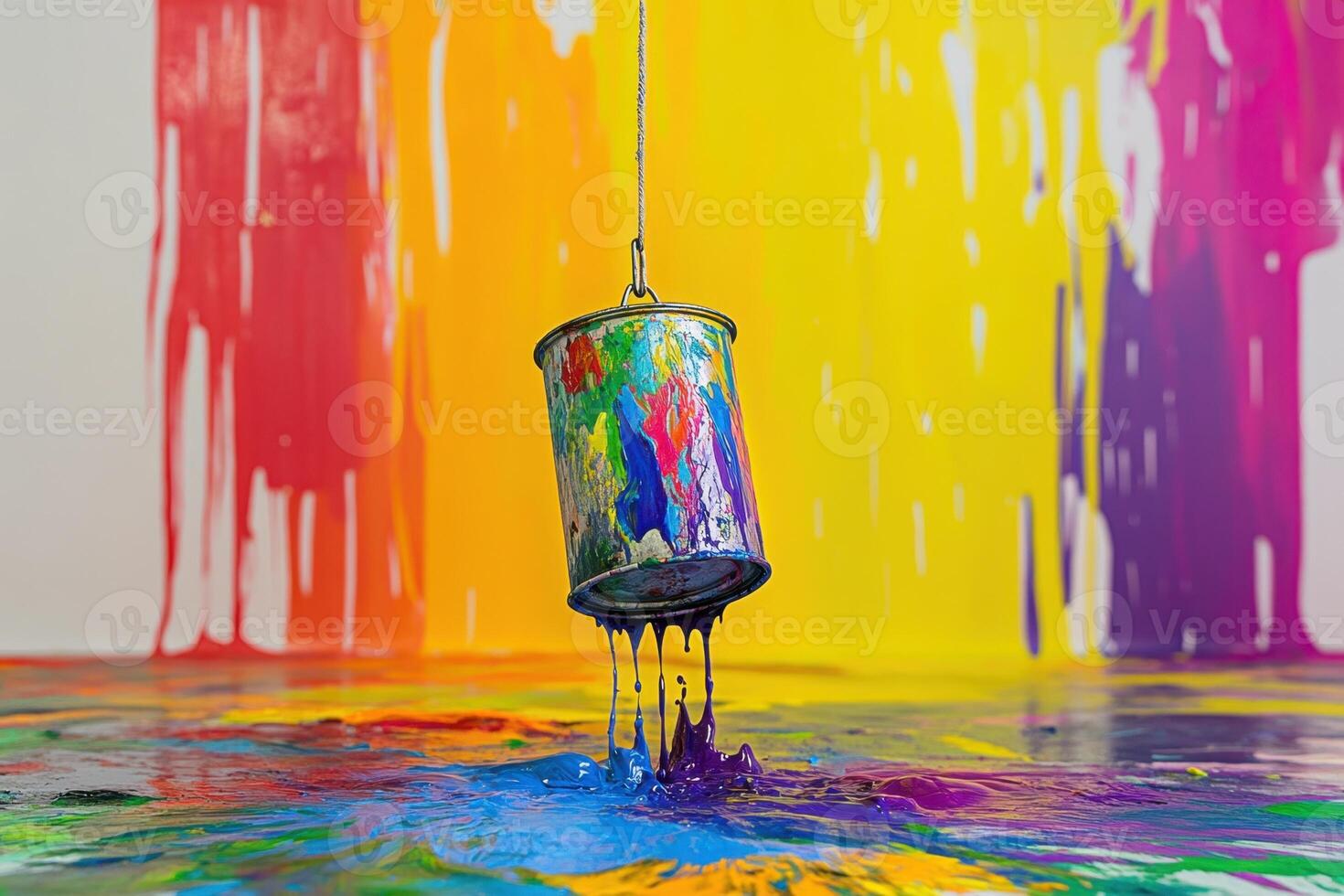 Colorful Paint Can Dripping Vibrant Hues Onto Canvas photo