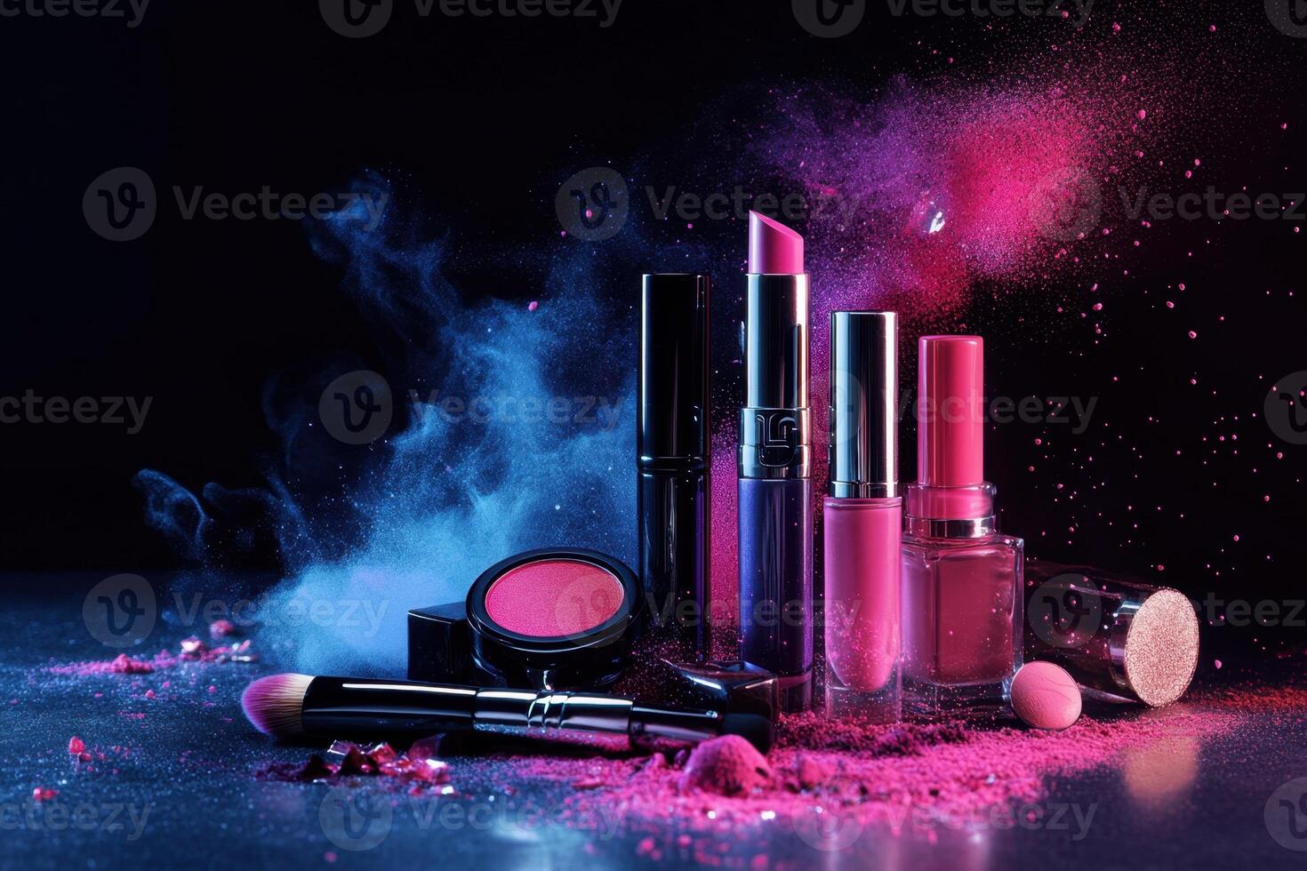 Vibrant Makeup Products Amidst a Colorful Powder Explosion photo