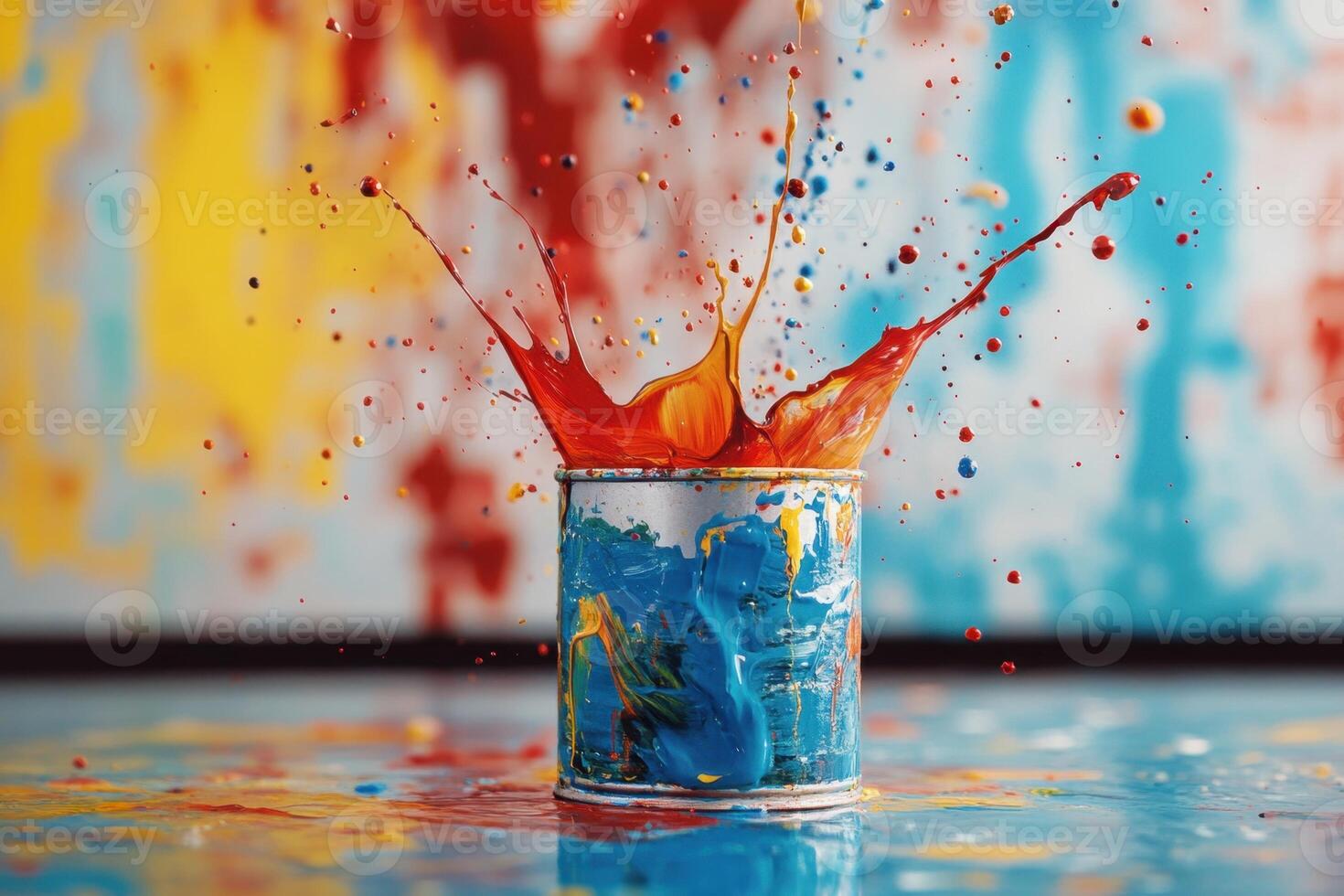 Vibrant paint splashes explode from a tin can photo