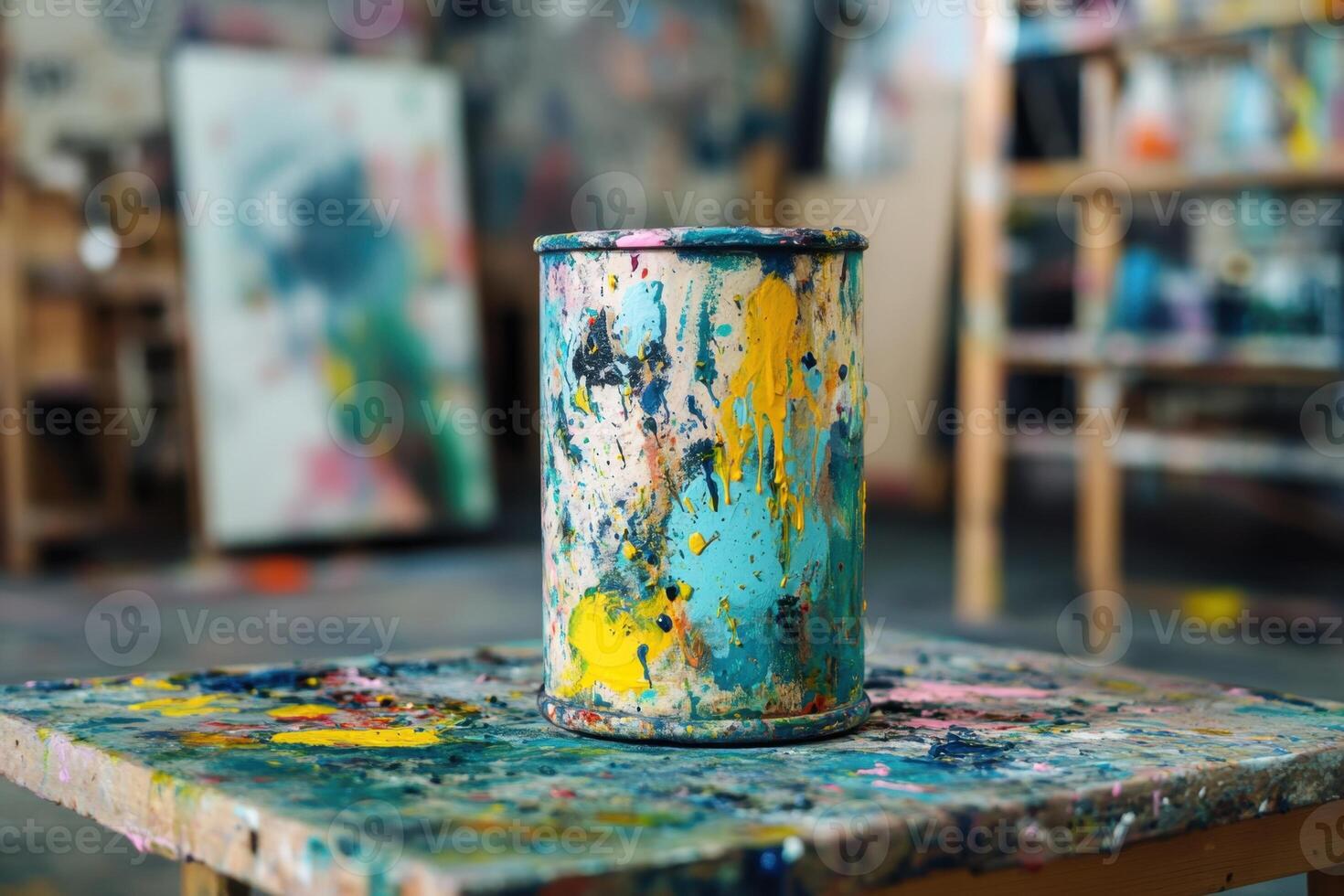 Paint Stained Container In An Artistic Studio Setting photo