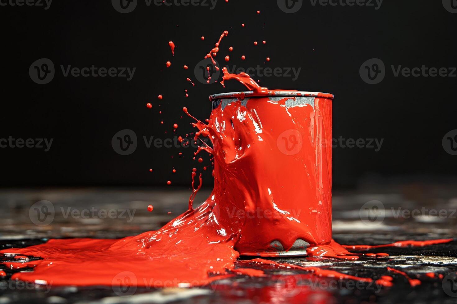 Red paint spills from an overturned can splashing dynamically photo