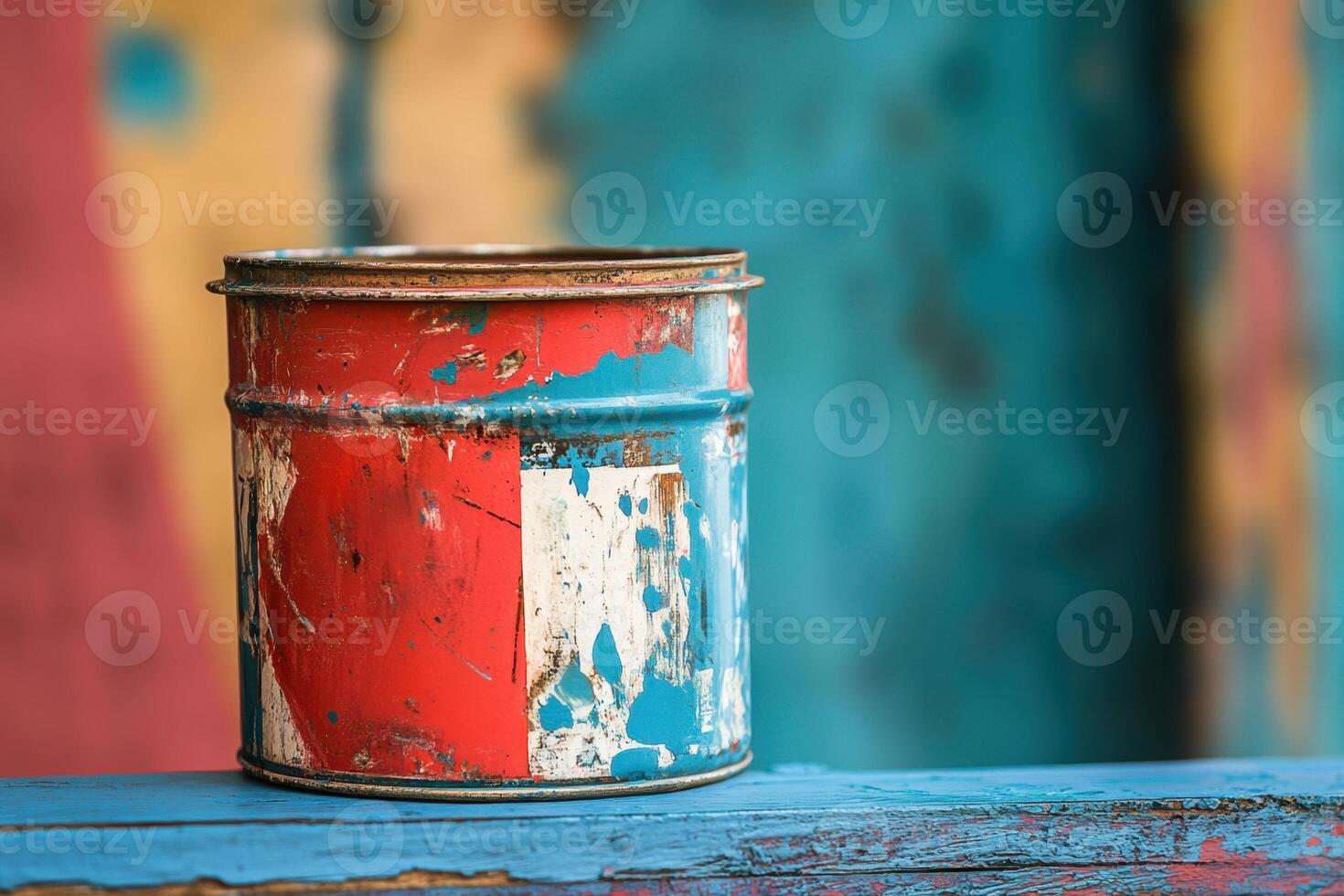 A weathered paint can sits on a rustic surface photo