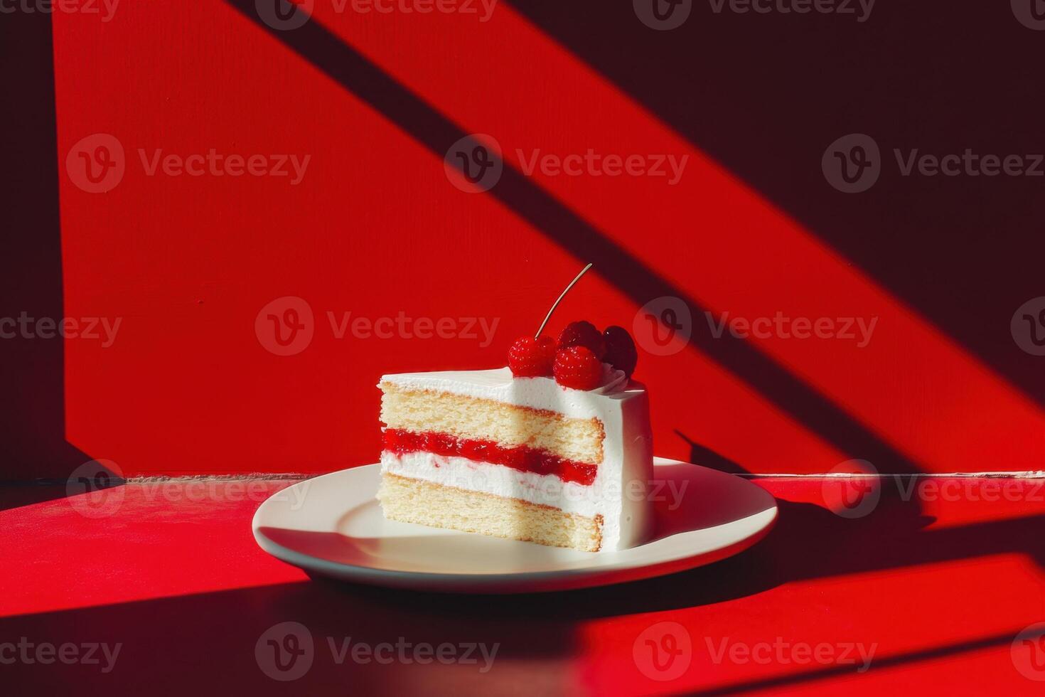 Raspberry Cake Slice on Red Background photo