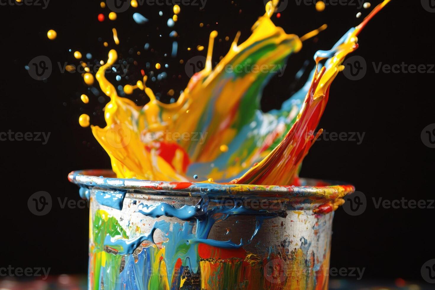 Vibrant paint splash explodes into a metal container photo