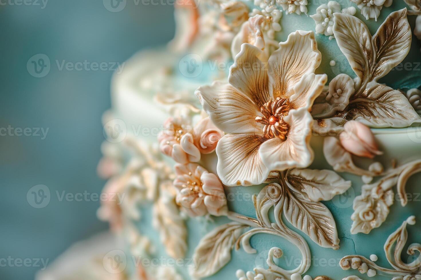 Elegant Teal Wedding Cake With Delicate Floral Decorations photo