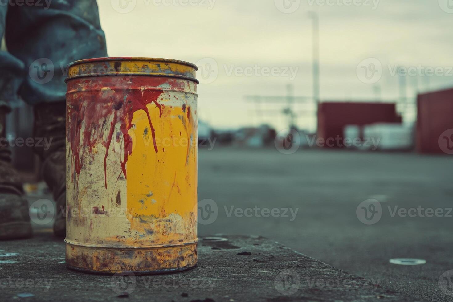 Paint Stained Metal Container Near A Worker photo