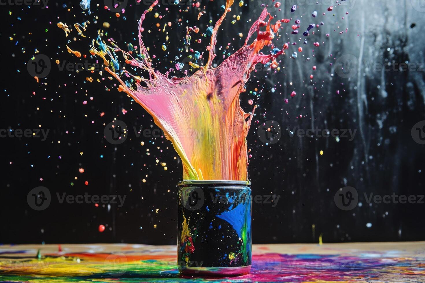 Colorful paint exploding from a can onto a surface photo