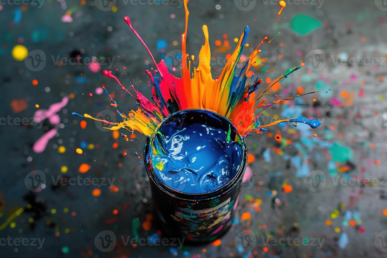 Colorful paint explosion over a blue paint can photo