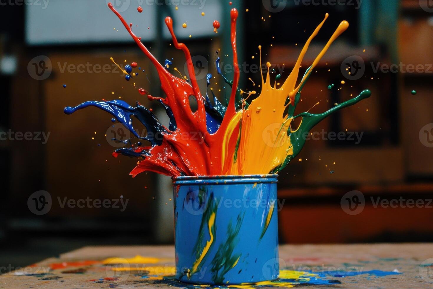 Colorful Paint Exploding From a Blue Container photo