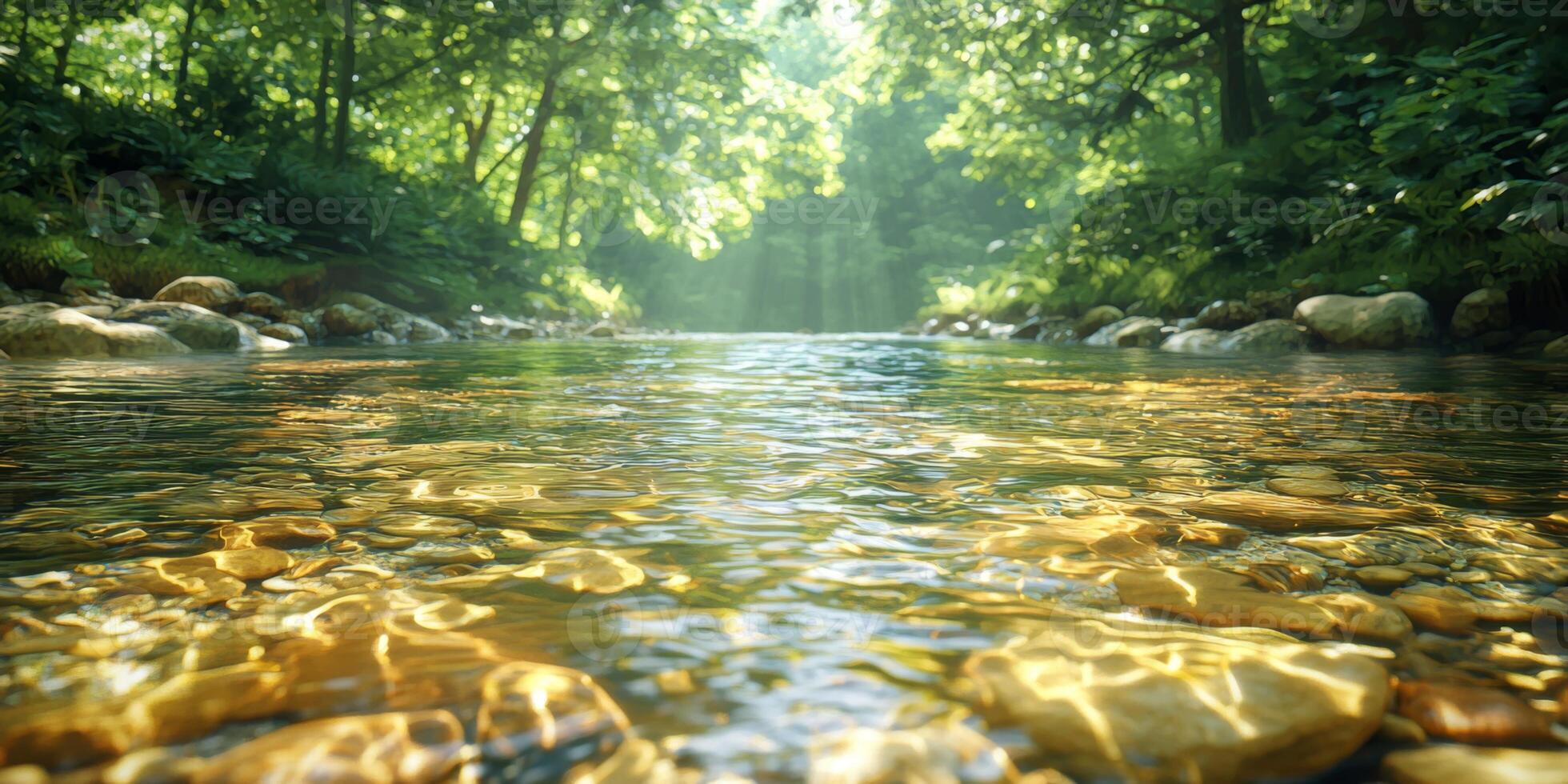 Serene River Flowing Through Lush Green Forest Sunlight Shimmering on Water Smooth Stones Visible photo