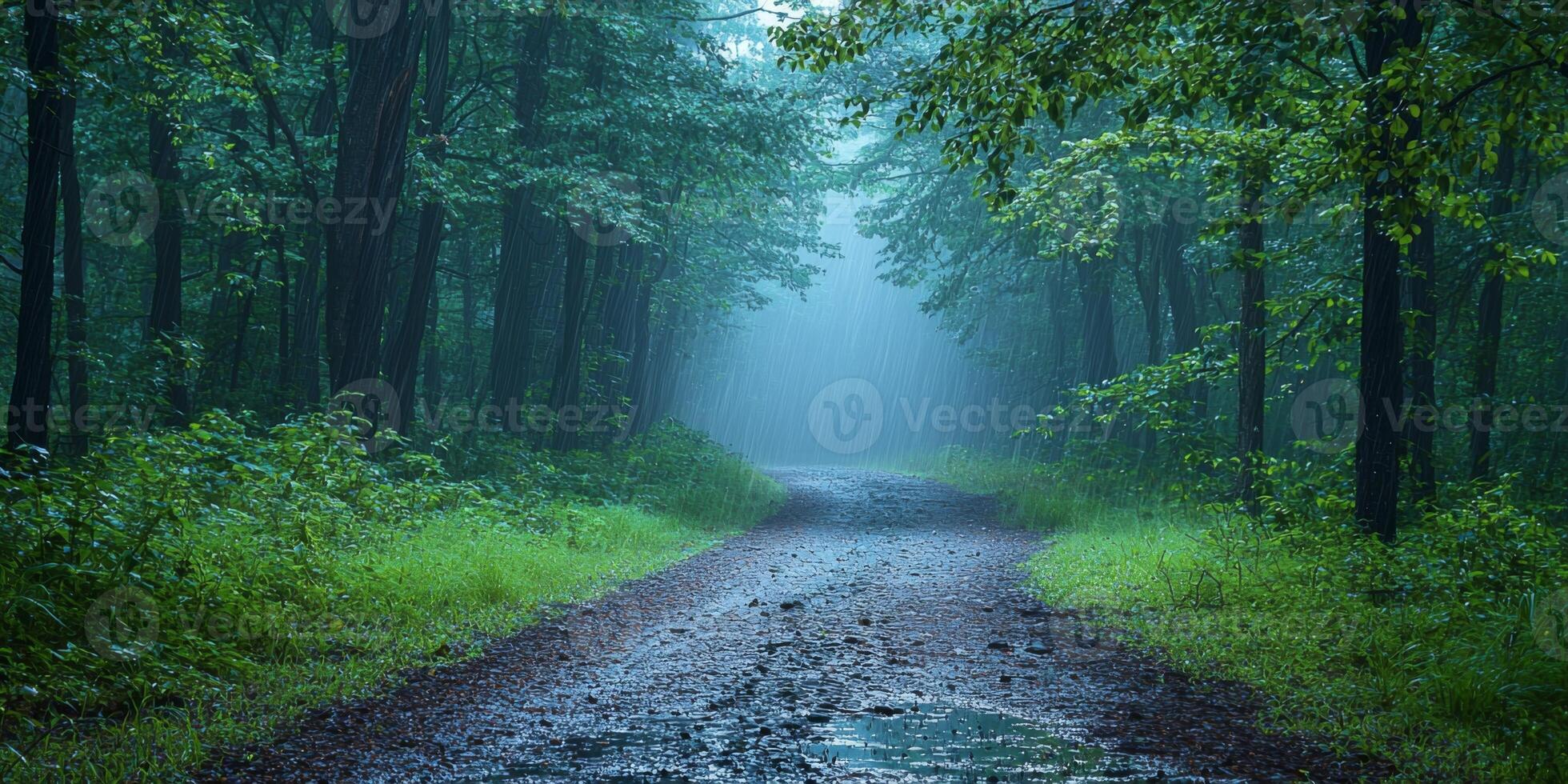 Misty Forest Path in Rain Nature Twilight Trees Road photo
