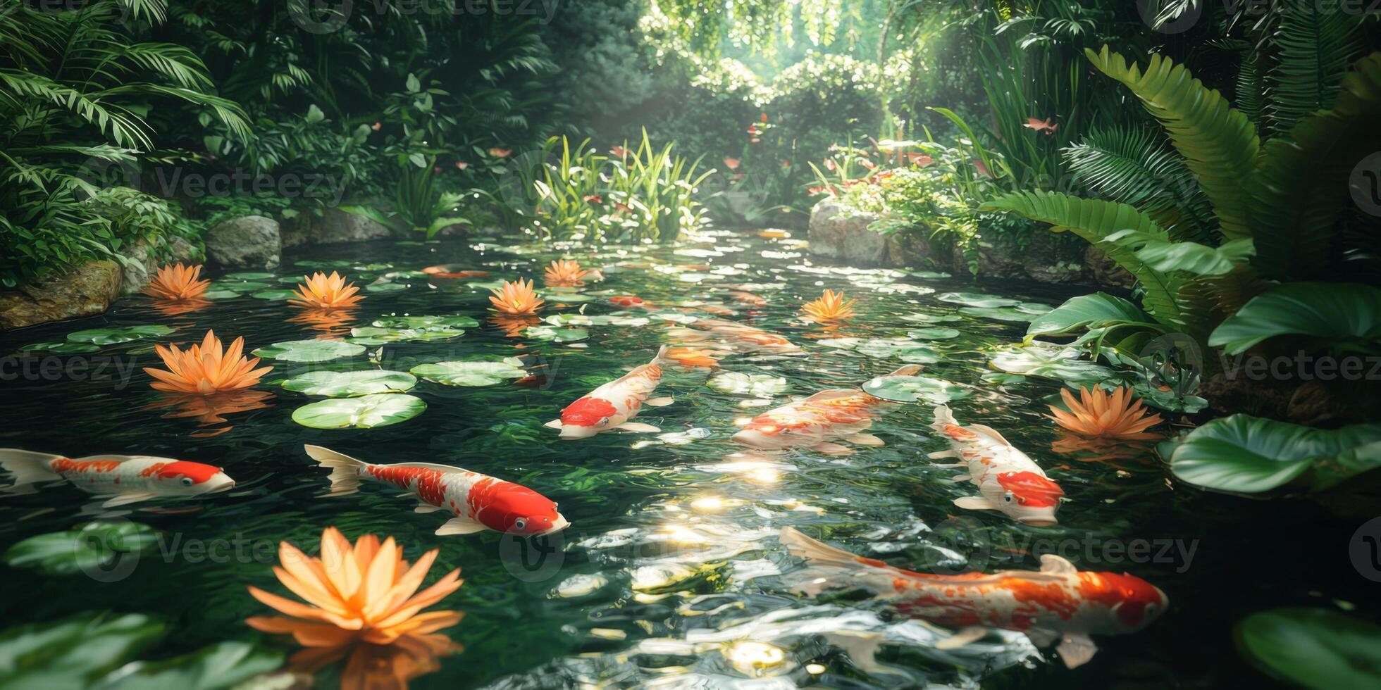 Serene Koi Pond Tropical Garden Paradise with Water Lilies and Colorful Fish photo