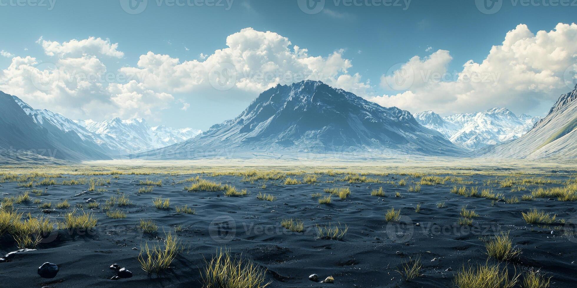 Serene Volcanic Valley Landscape Dramatic Mountain Range Black Sand Plain Sparse Vegetation Cloudy photo