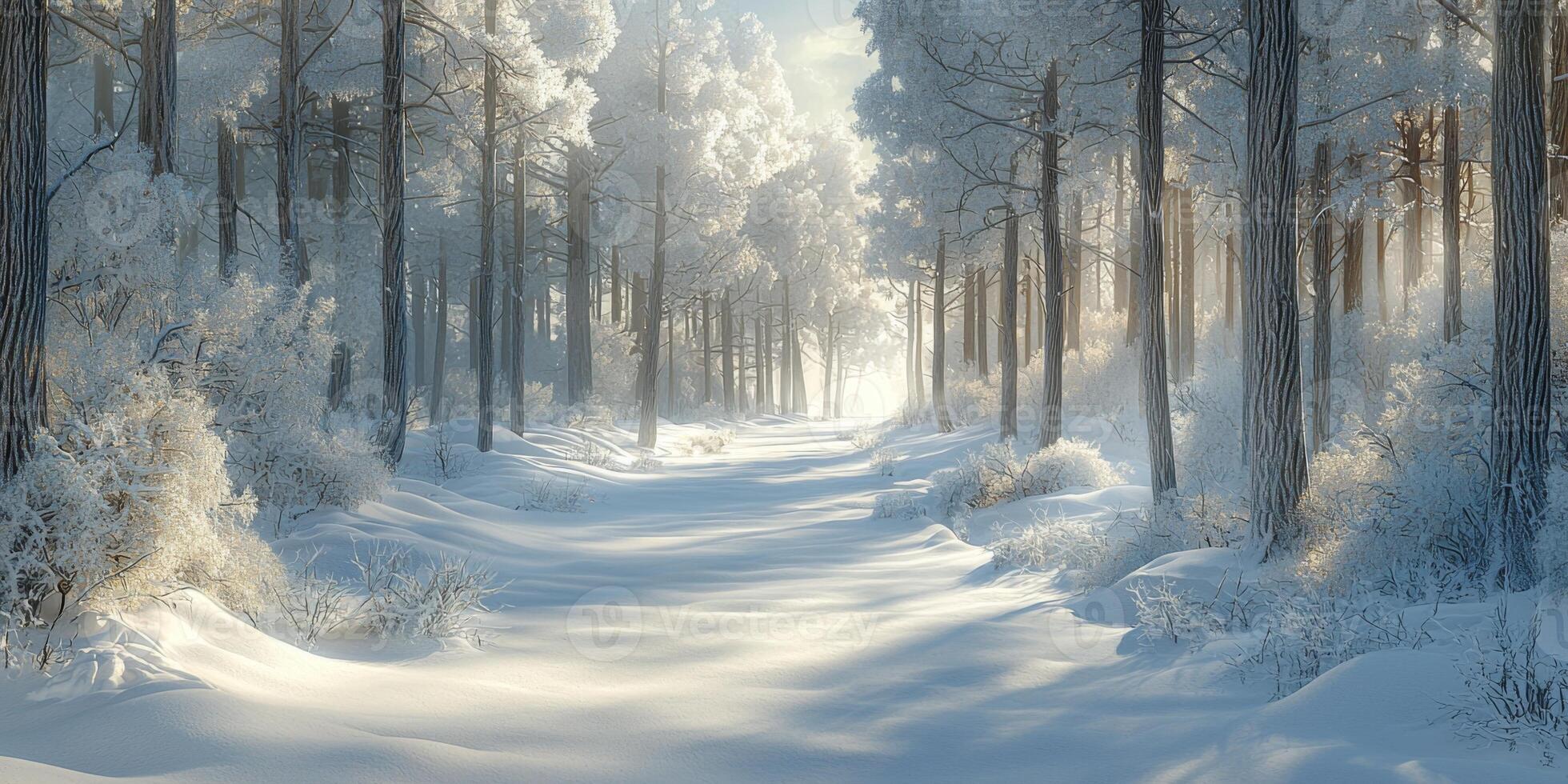 Serene Winter Forest Path Snow Covered Trees Sunlit Trail 8k High Resolution Image photo