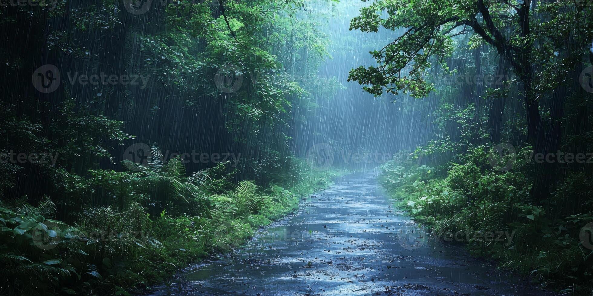 Magical Rainy Forest Path Twilight Rain Nature Lush Greenery High Resolution photo