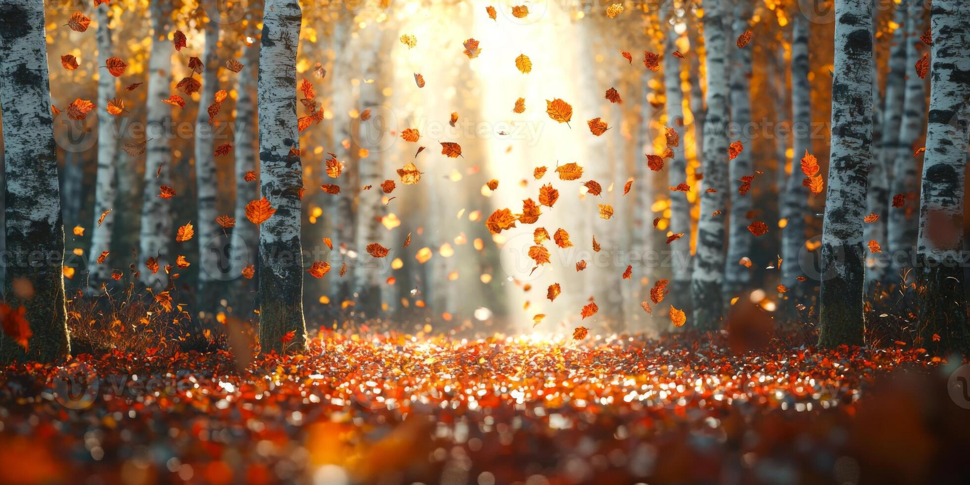 Magical Autumn Forest Falling Leaves Birch Trees Sunlight photo
