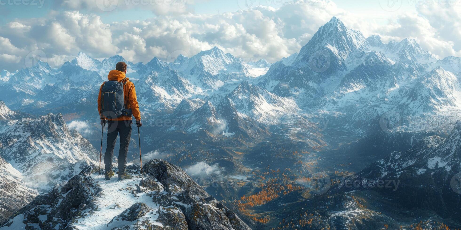 Majestic Mountain Peak Hiker s Panoramic View Snow Covered Ridge Hiking Trail photo
