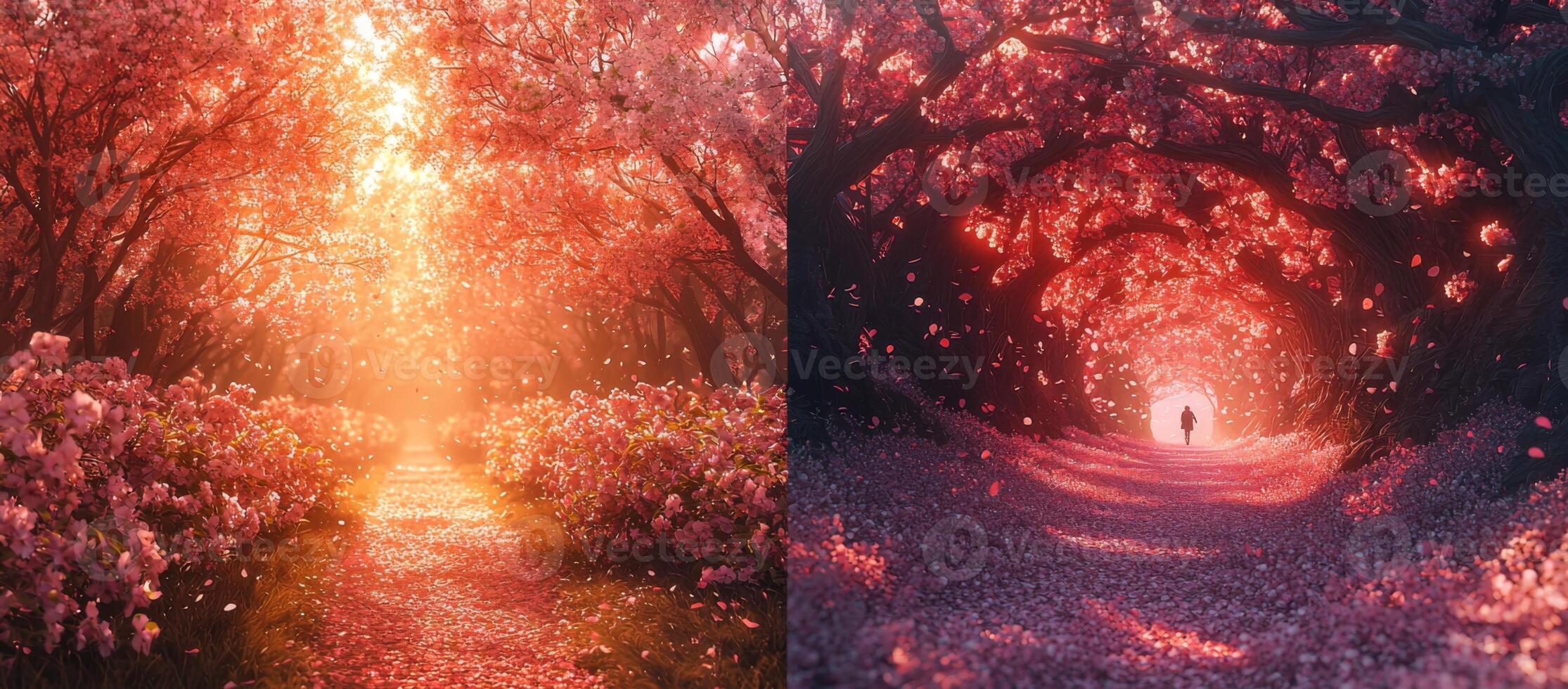 Magical Pink Blossom Tunnel Path Sunlit Spring Flowers Nature Scene photo