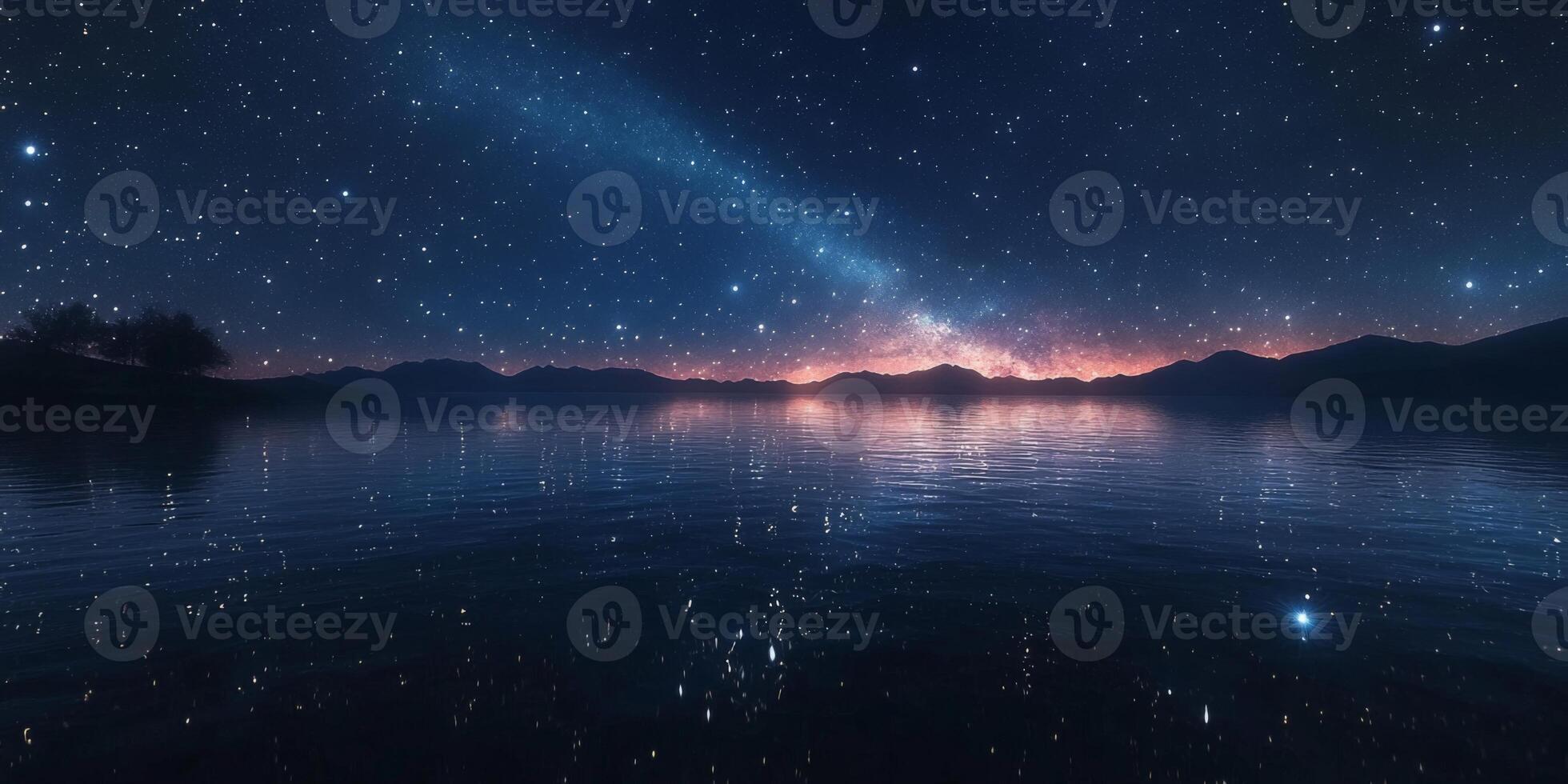Serene Night Sky Starry Lake Reflection Milky Way Mountains photo