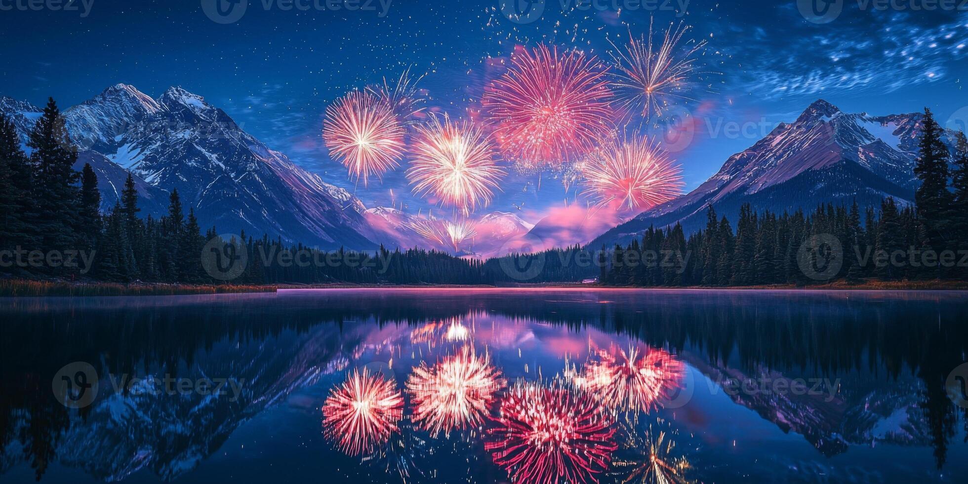 Majestic Mountain Fireworks Display Over Serene Lake at Night photo