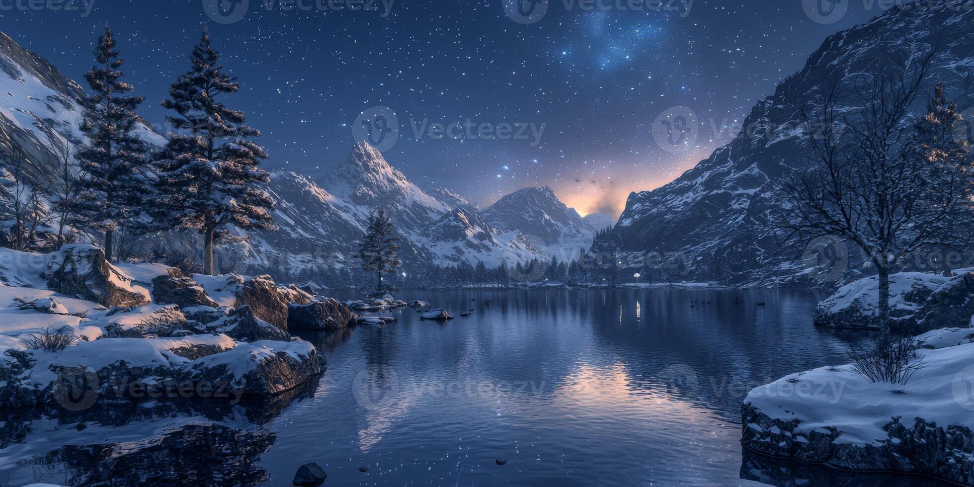 Serene Winter Fjord Aurora Borealis Starry Night Mountains Snow Trees Calm Waters High Resolution photo