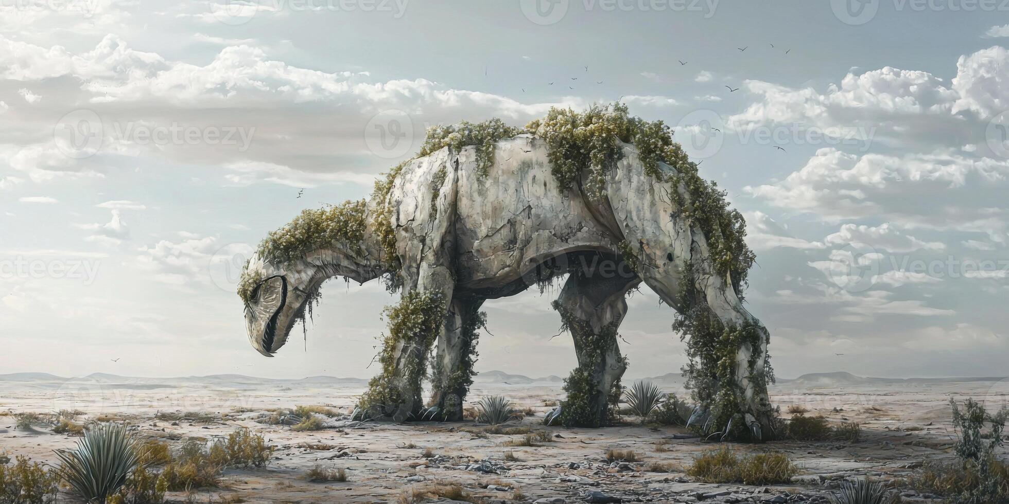 Stone Animal Statue Overgrown Desolate Landscape Climate Change Biodiversity Loss Extinct Creature photo