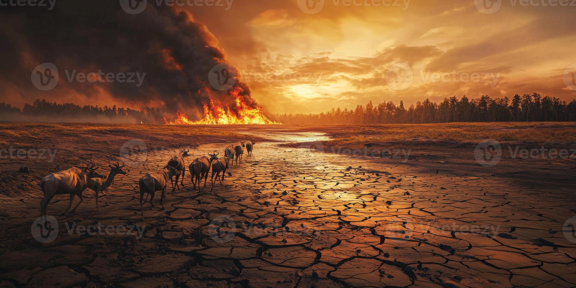 Endangered Wildlife Climate Change Drought Wildfire Sunset Dry Riverbed Herd Animals Migration 8k photo