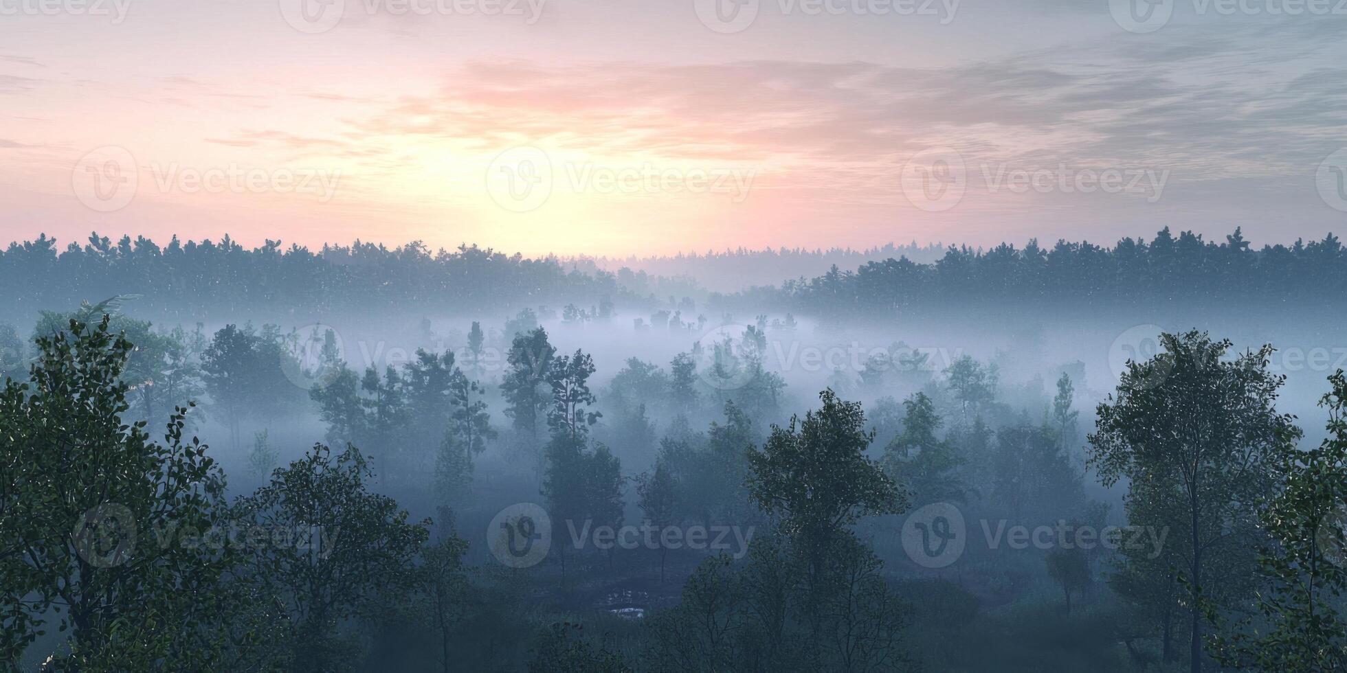 Misty Dawn Forest Serene Sunrise Landscape Photography photo