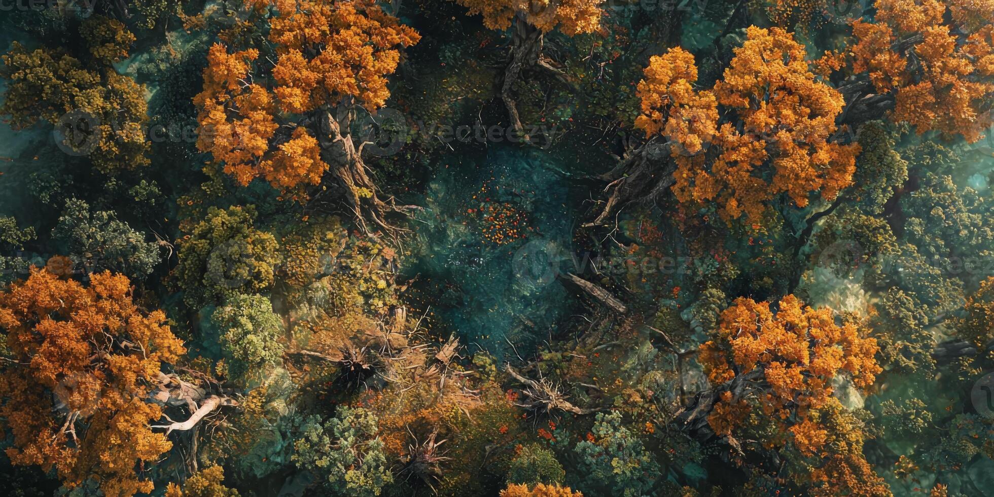 Aerial View of Autumn Forest Canopy Lush Greens Orange Leaves High Resolution photo