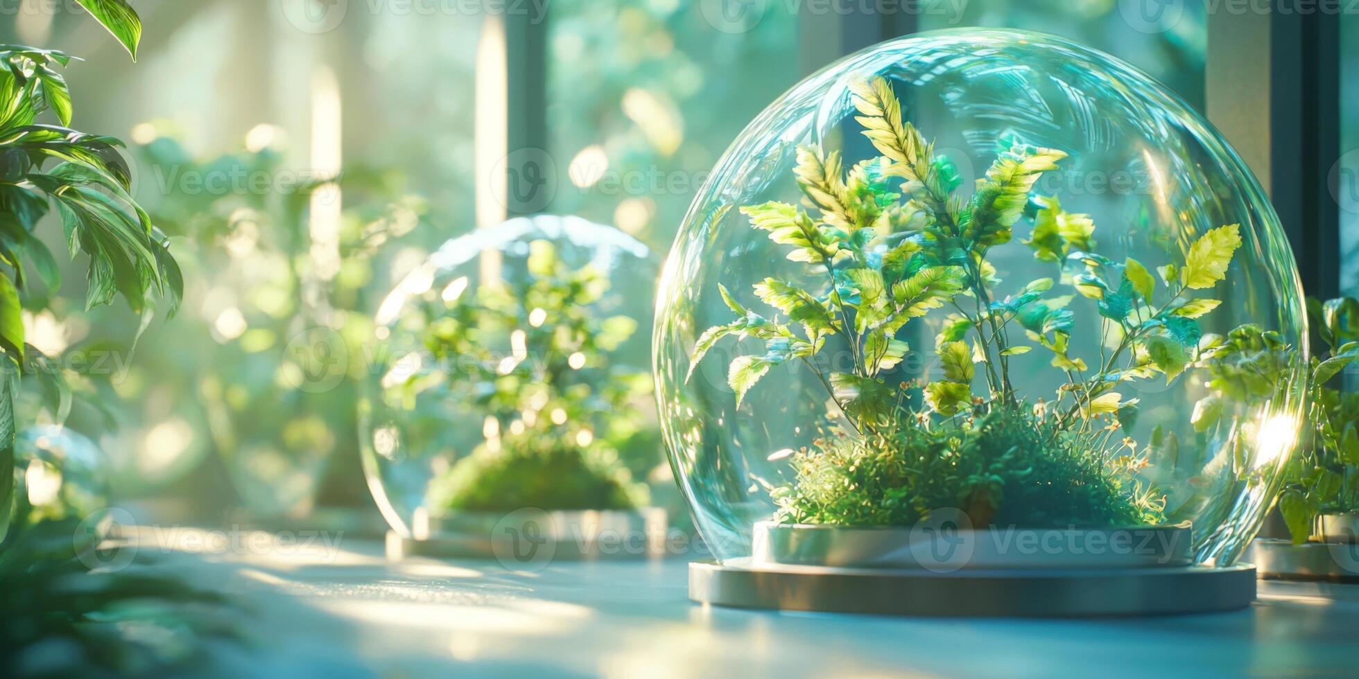 Futuristic Glass Domes with Lush Greenery Holographic Plants High Resolution Image photo