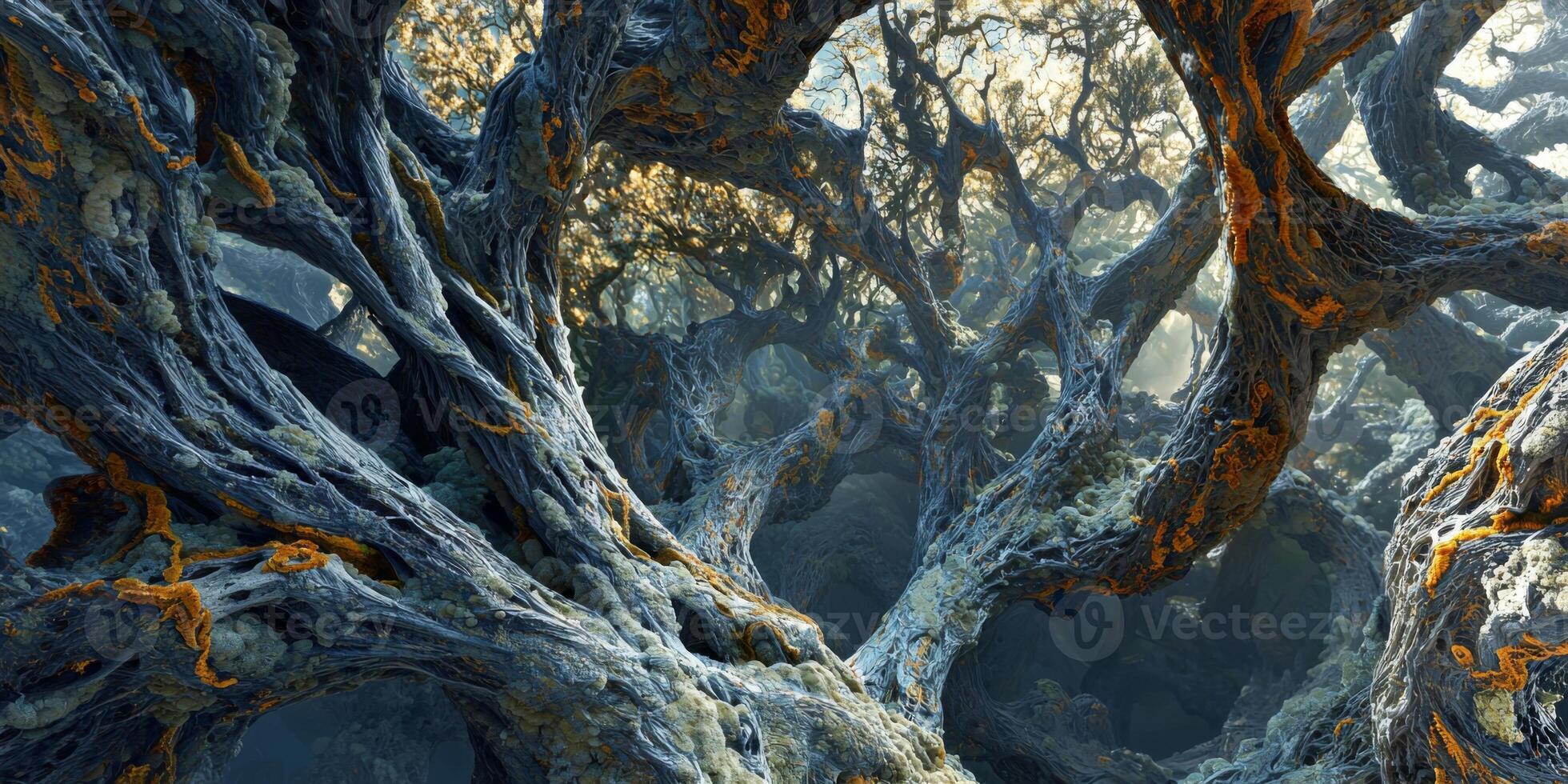 Mystical Forest Canopy Twisted Branches Moss Lichen Ancient Trees Fantasy Landscape Nature 8k High photo
