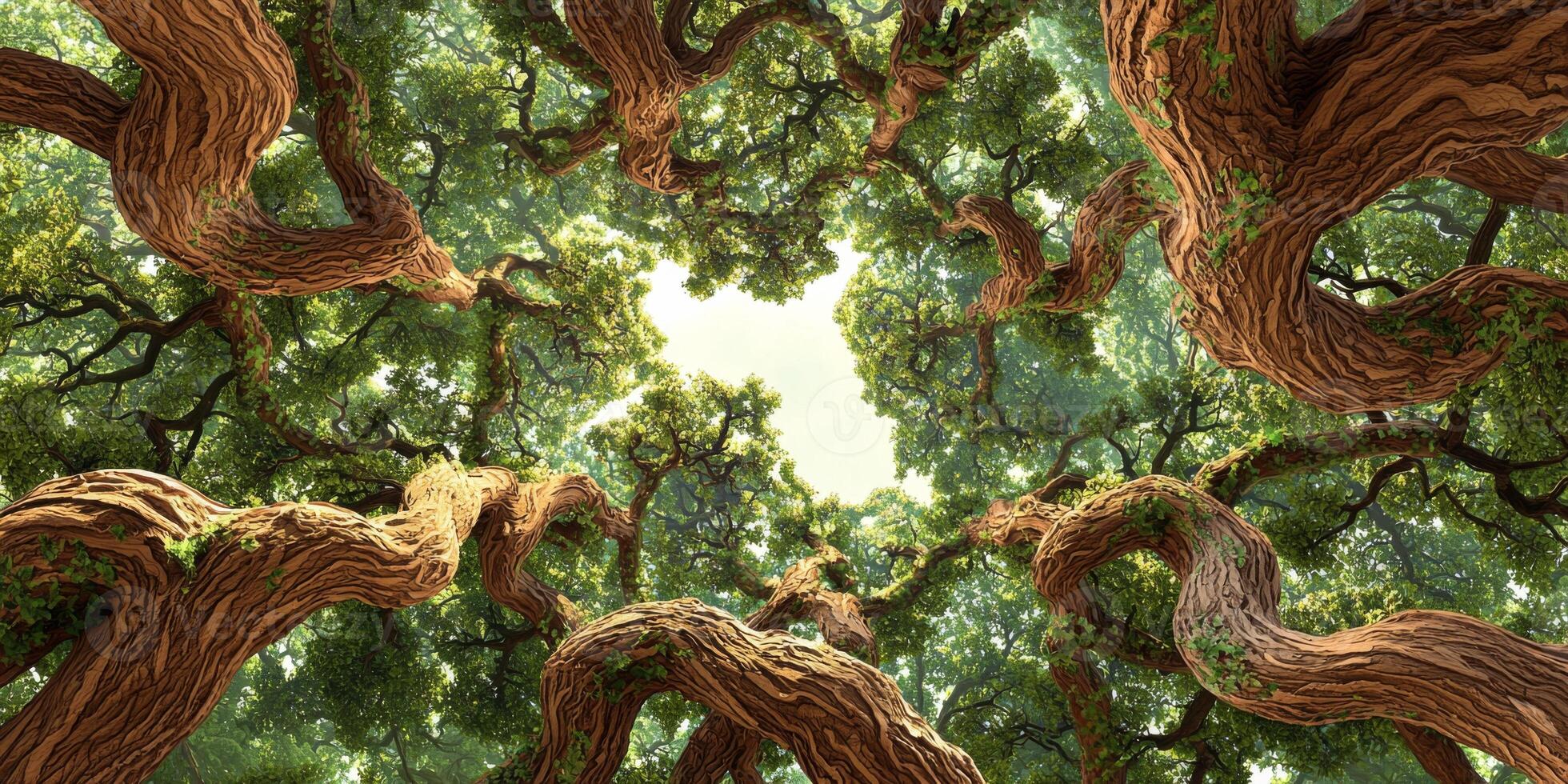 Majestic Ancient Forest Canopy Twisted Trees Lush Greenery High Resolution Nature Image photo