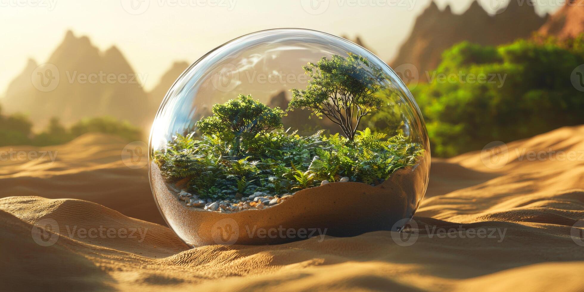 Miniature Rainforest Ecosystem in Glass Dome Desert Background photo