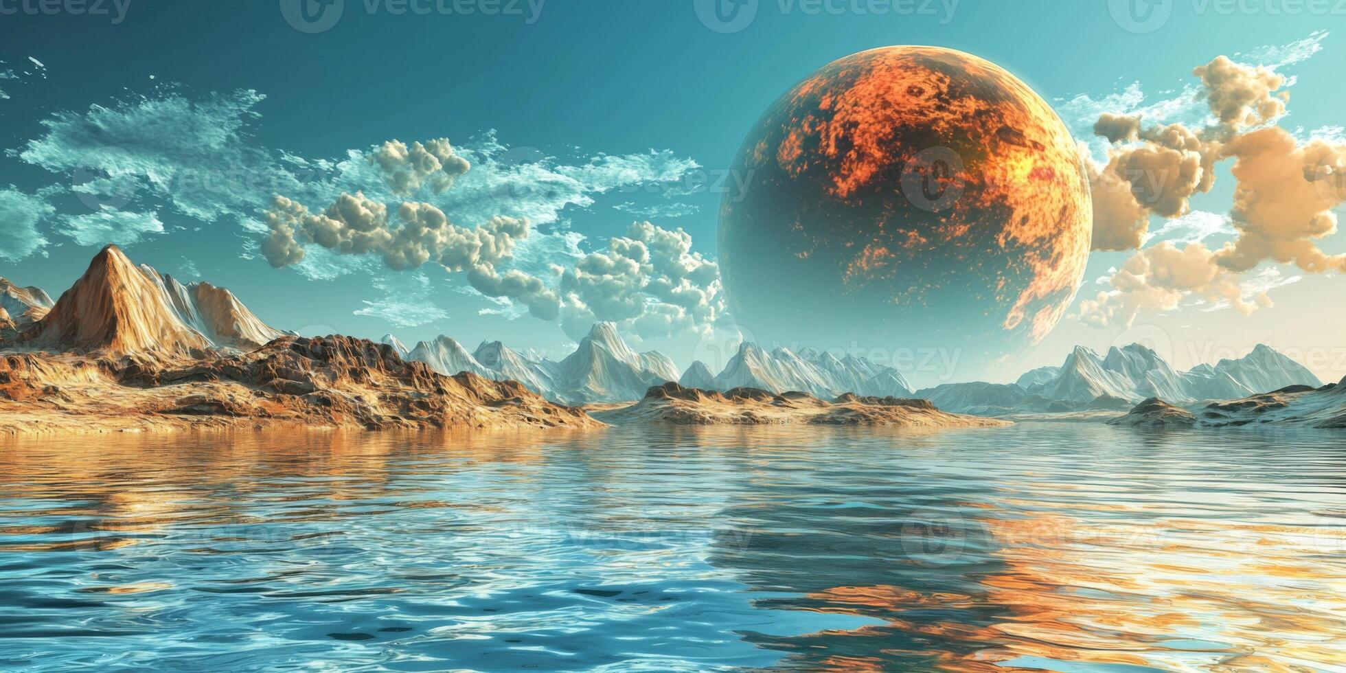 Alien Planet Landscape Futuristic Mountains Lake Burning Planet photo
