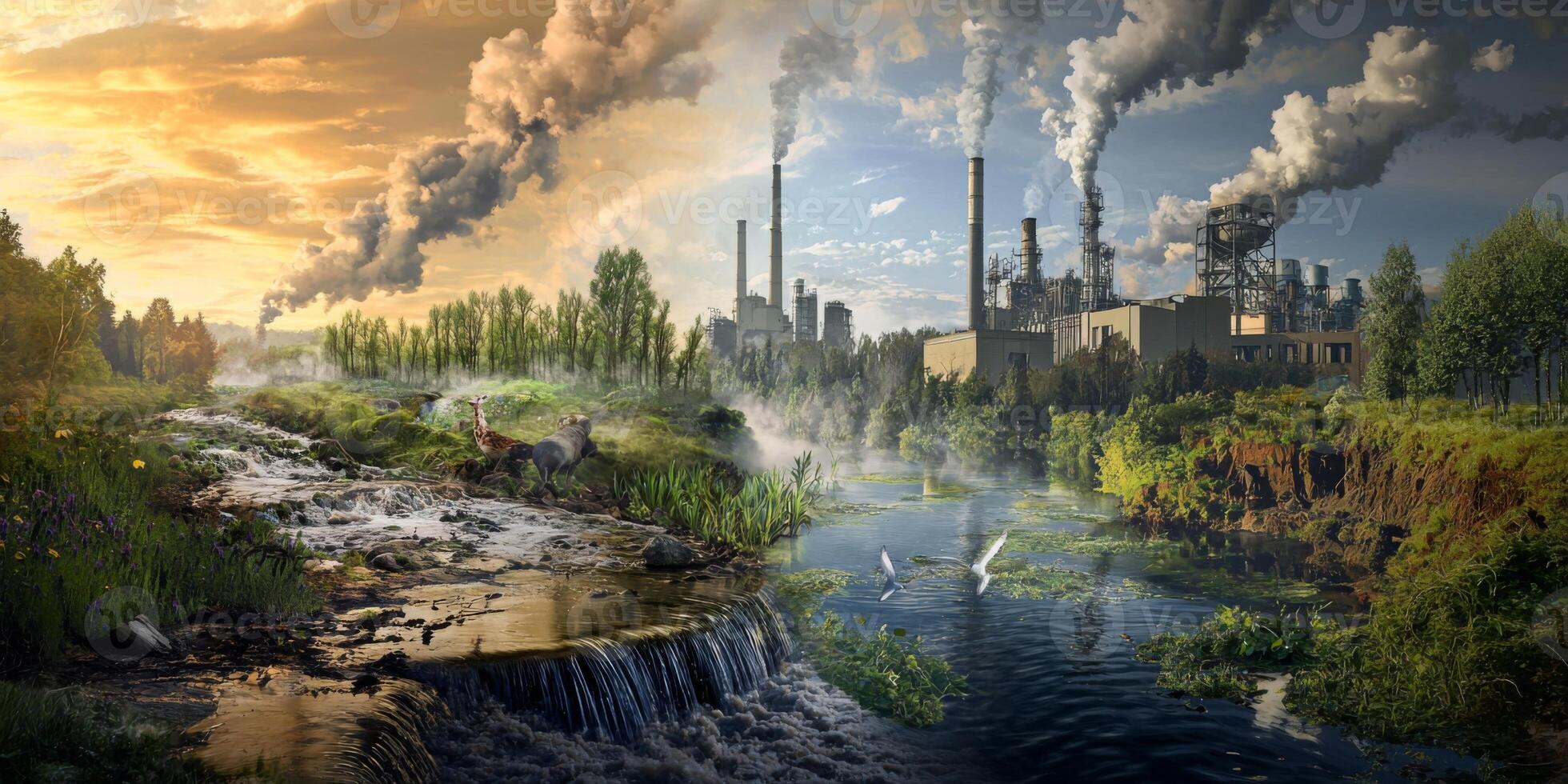 Pollution vs Nature Industrial Smokestacks Serene Waterfall Landscape photo