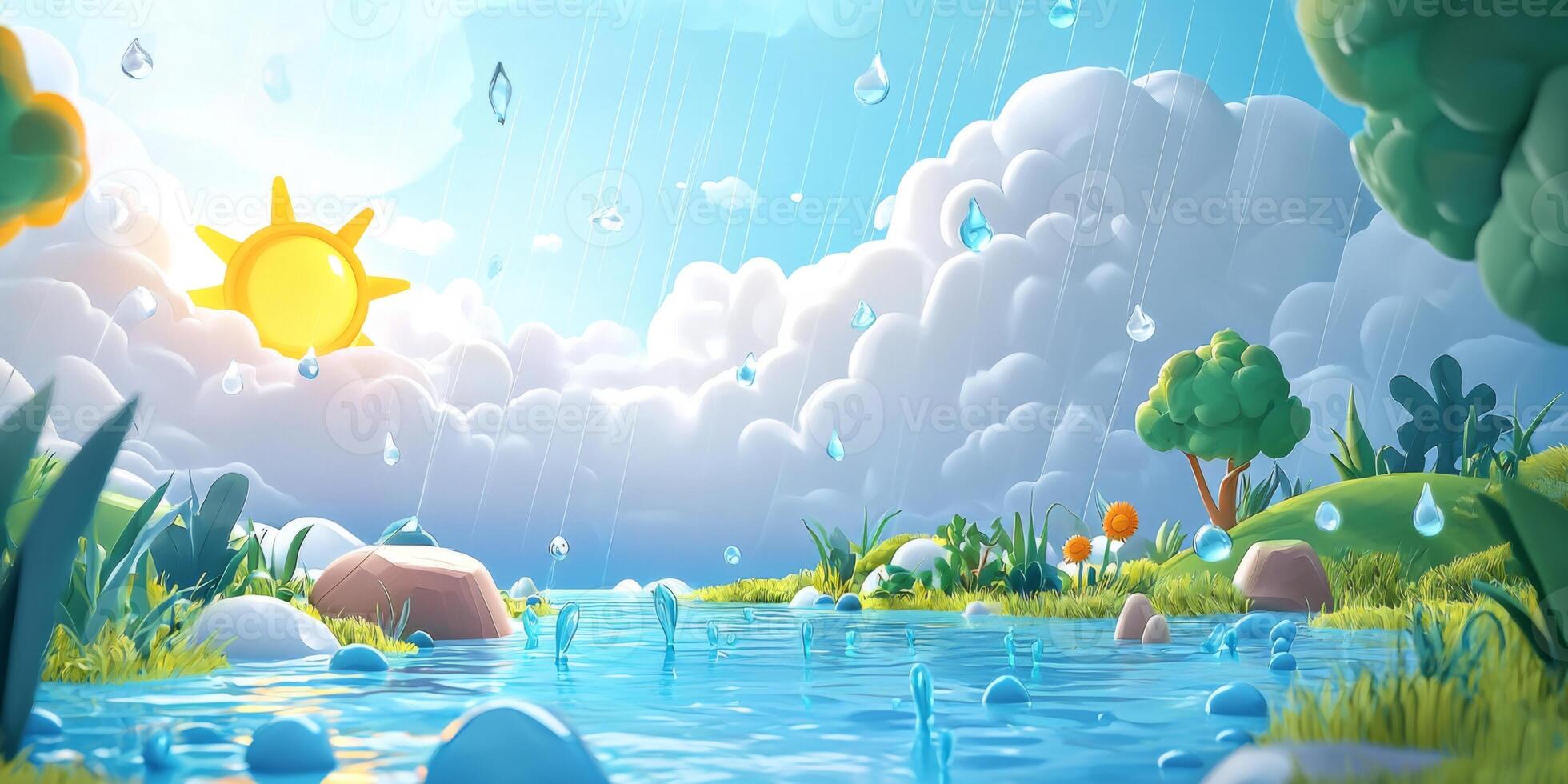 Sunny Rain Cartoon Landscape Happy Clouds Sun Raindrops Nature Illustration photo