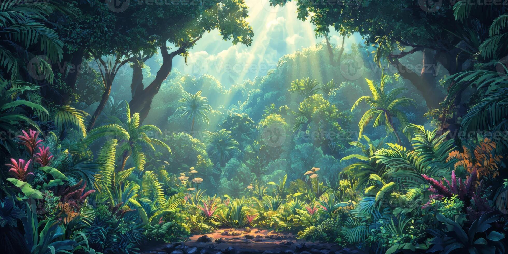 Lush Tropical Rainforest Sunbeams Tranquil Jungle Scene High Resolution 8K Image photo