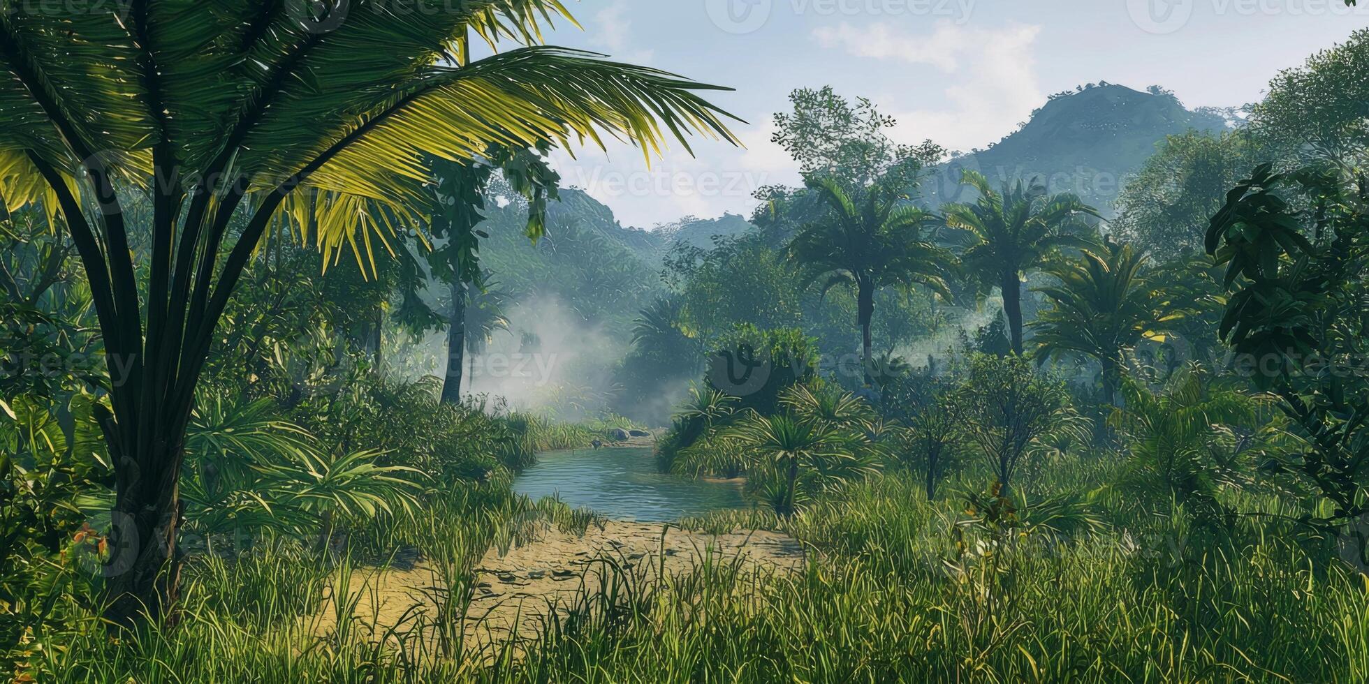 Lush Tropical Rainforest Landscape River Palms and Tranquil Nature Scene photo
