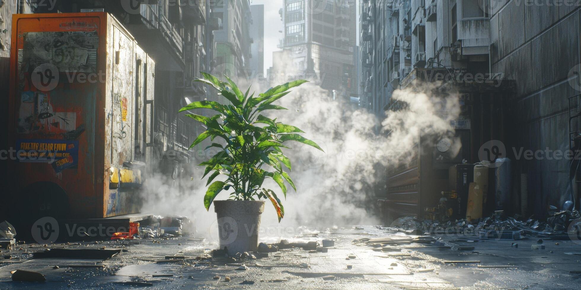 Resilient Plant in Urban Decay Smog Cityscape Hope photo