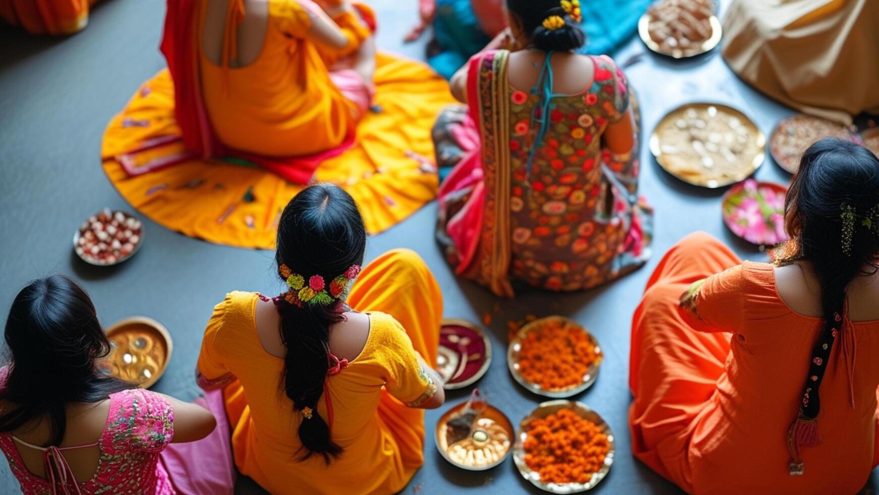Group of women in vibrant Indian attire gathered for a ceremony. photo