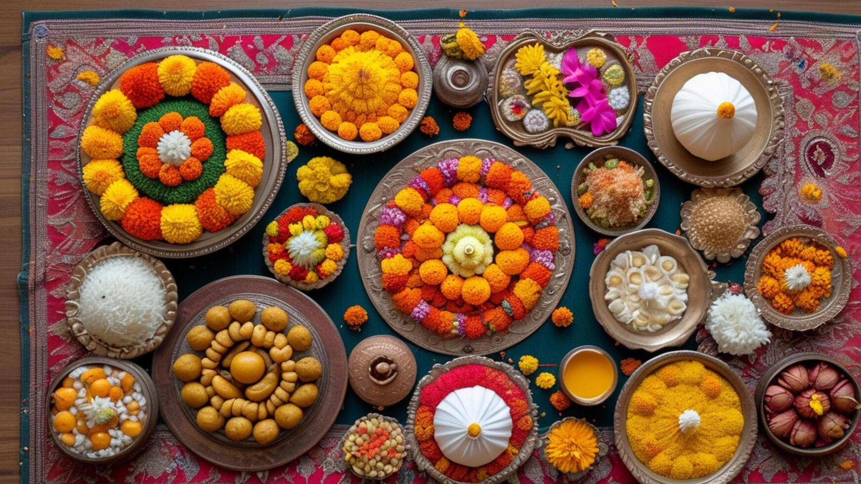 Overhead view of vibrant Indian sweets, flowers, and offerings. photo